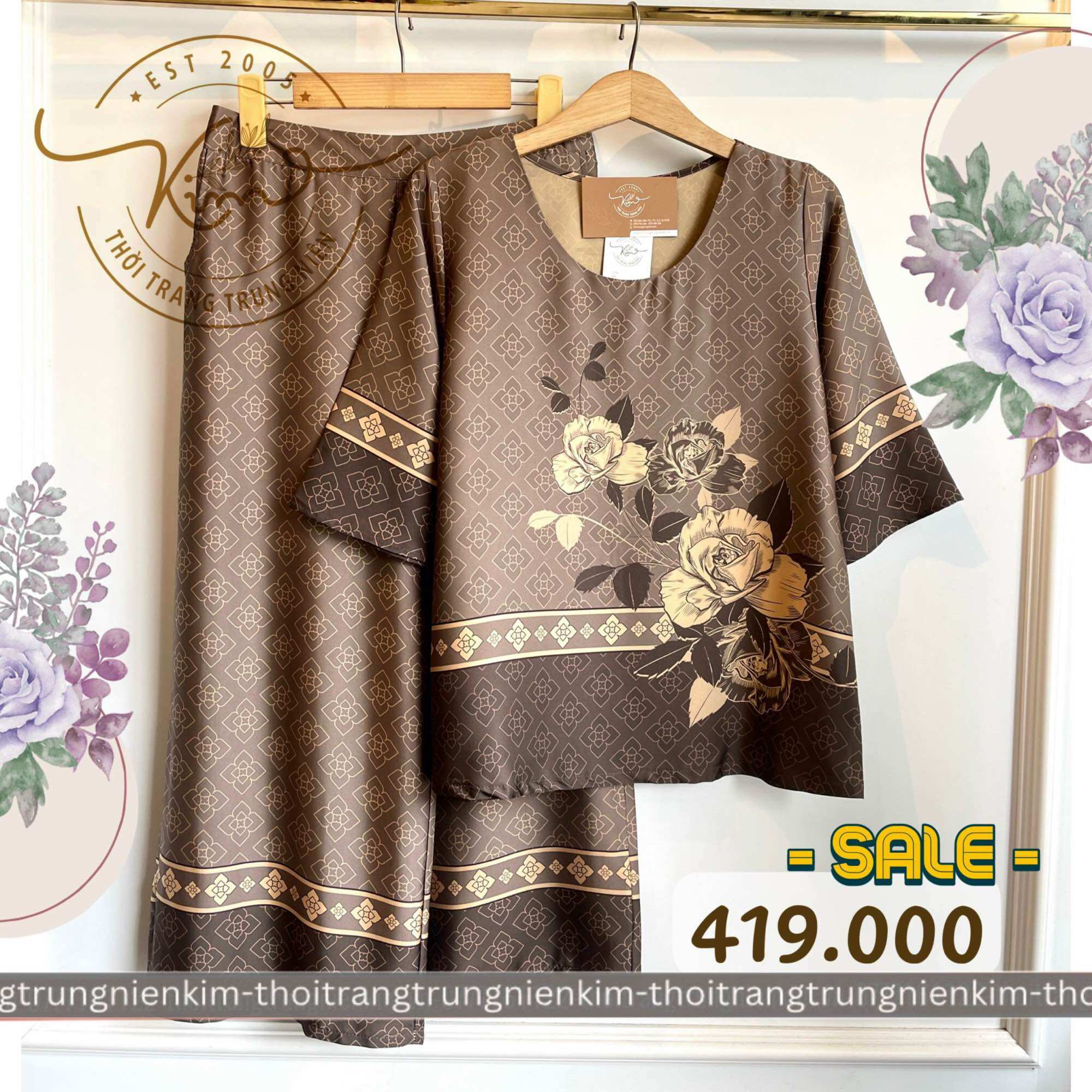 Sét bộ lụa trung niên cao cấp hoa văn hoạ tiết sang trọng Bigsize quần dài 85cm