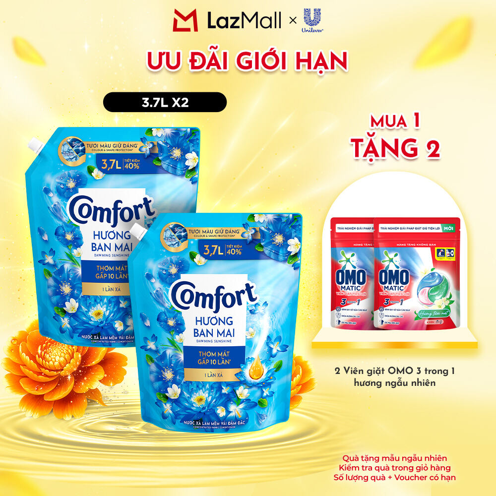 Combo 2 Nước Xả Vải Comfort Hương Ban Mai Thơm Mát Gấp 10 Lần Túi 3.7L (bao bì tùy lô nhập hàng)