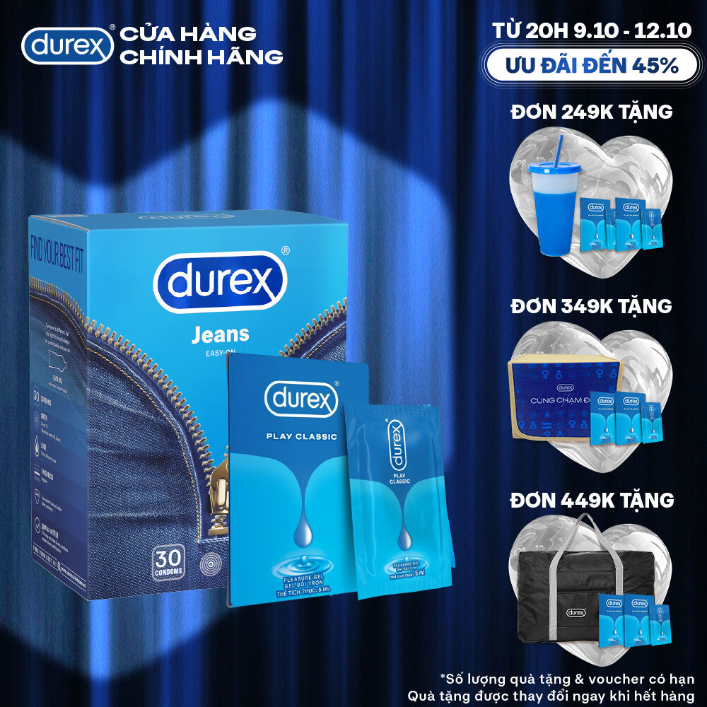 [TỪ 20H | 9-12.10 VOUCHER GIẢM THÊM 5%] Combo Bao cao su Durex Jeans cơ bản, bôi trơn, size 52.5mm, hộp 30 bao +  Gel Classic Dạng Gói 5ml