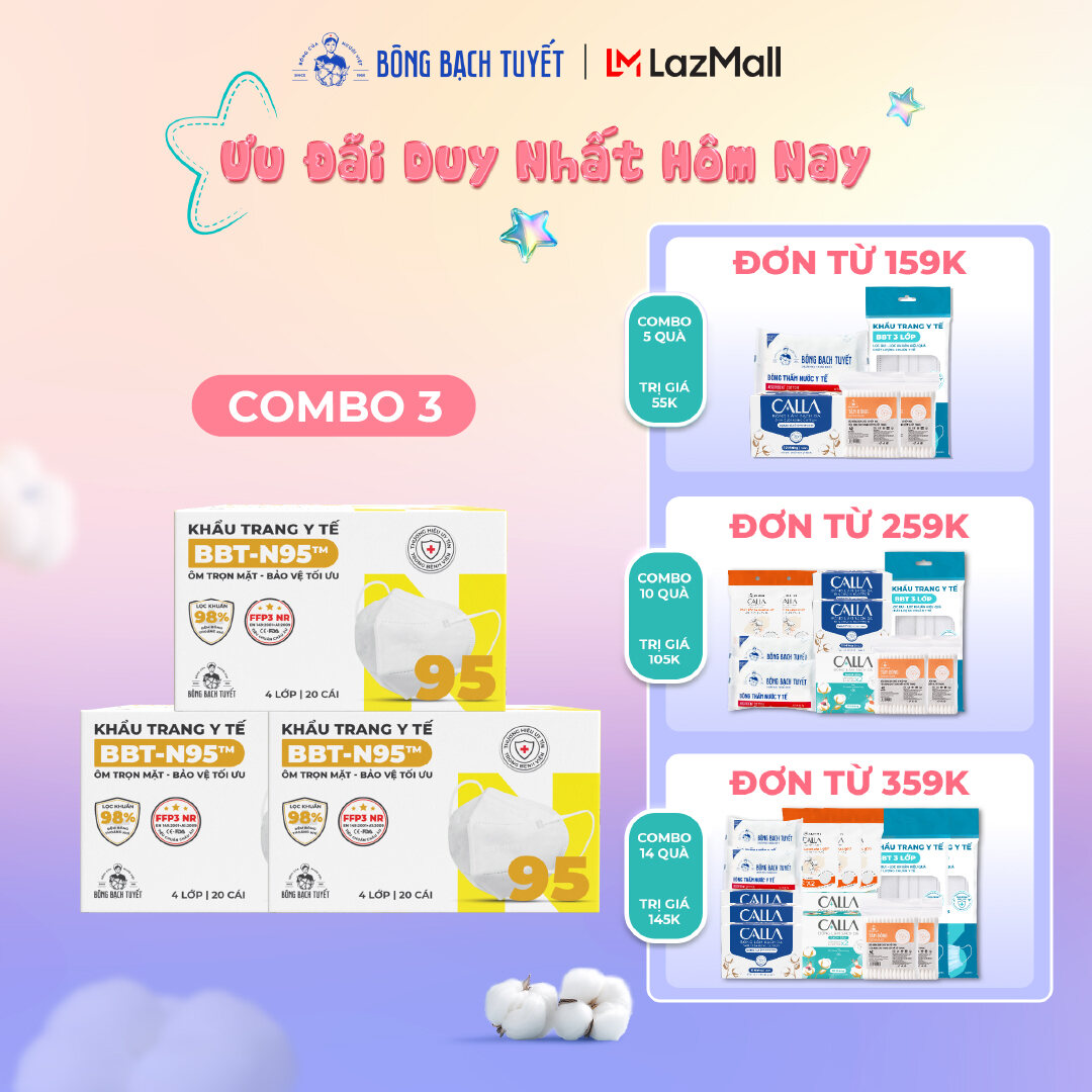 Combo 3 Hộp Khẩu Trang Bông Bạch Tuyết N95 - Trắng (20 cái/hộp)
