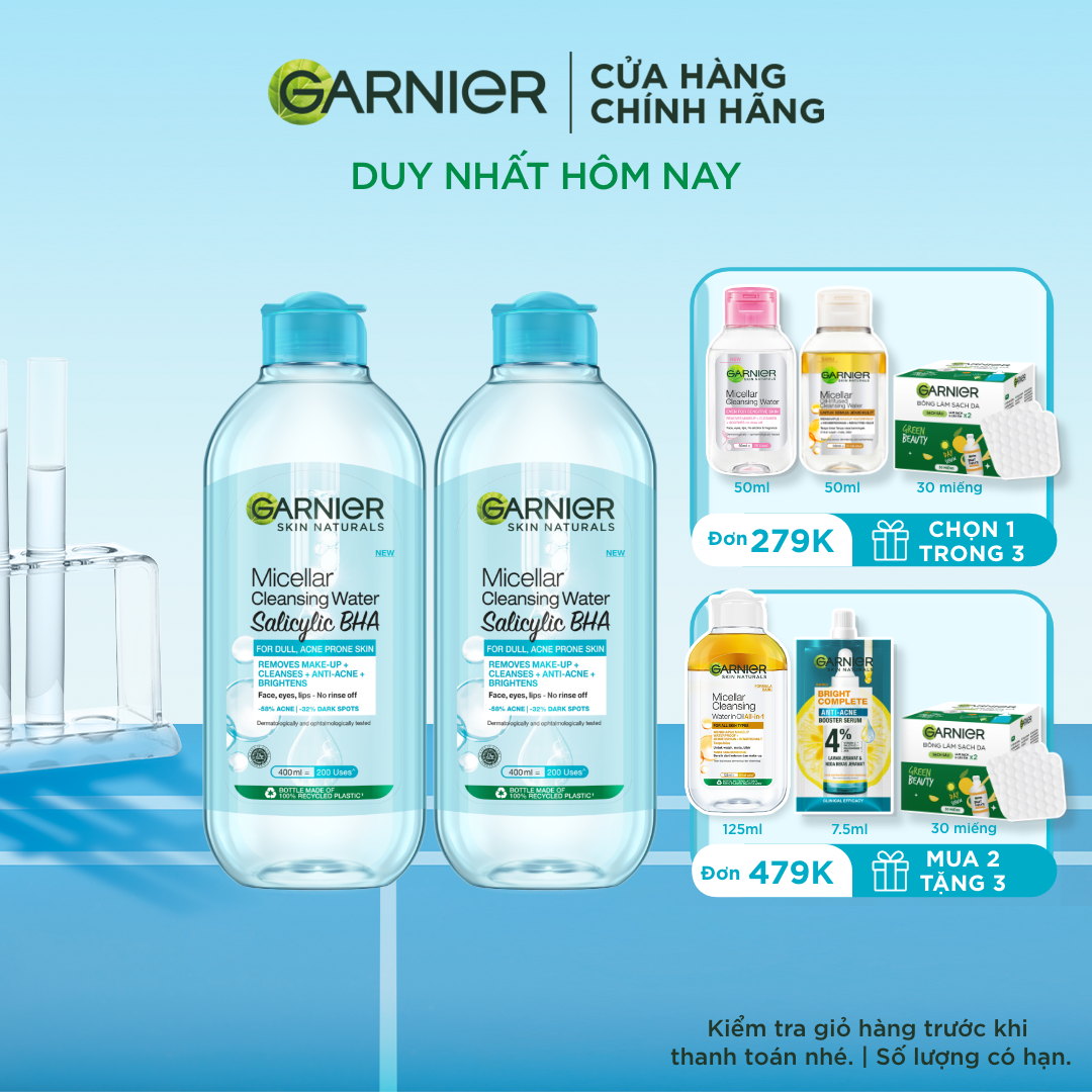 Bộ 2 Nước tẩy trang Garnier Cho Da Dầu Mụn Salicylic BHA Micellar 400ml x2 - kitting