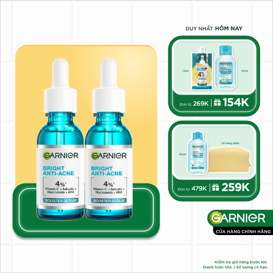 Bộ đôi dưỡng chất giảm mụn mờ thâm dành cho da dầu, mụn Garnier Bright Complete Anti-Acnes Booster Serum 30ml*2