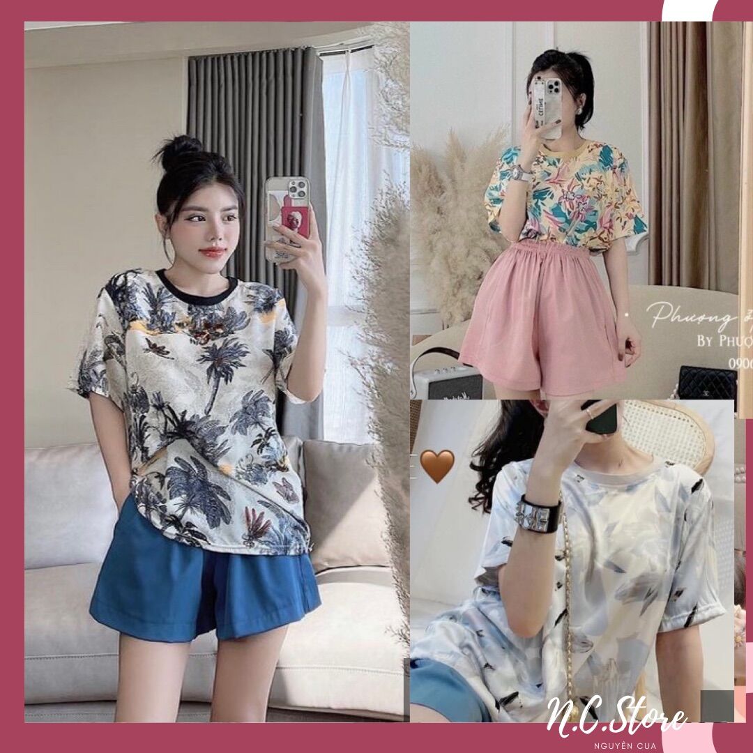 Bộ ngủ lụa cổ tròn mặc nhà áo lụa + quần sooc sang chảnh