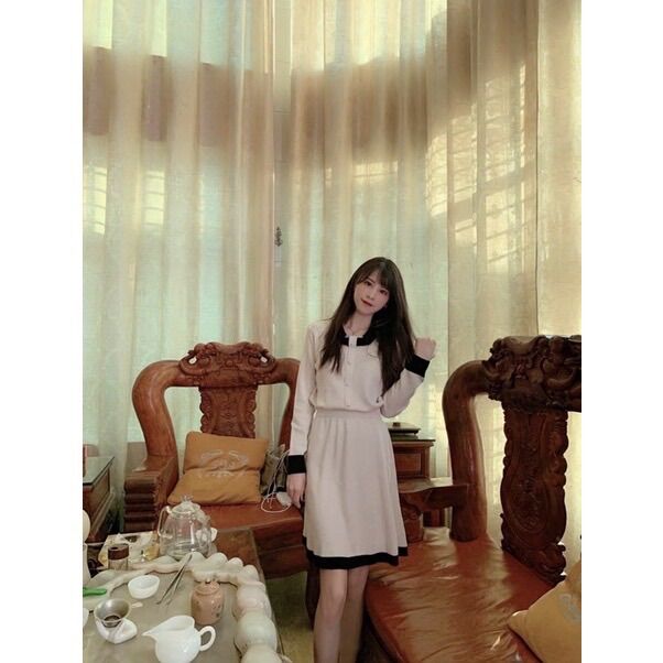 Set áo len cổ nơ + chân váy len xoè cao cấp