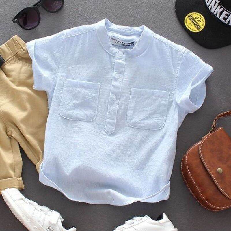 Áo sơ mi cotton trẻ em trang phục mùa hè bé trai áo sơ mi cotton trẻ em nam áo sơ mi cotton lanh trẻ em nam mẫu mỏng