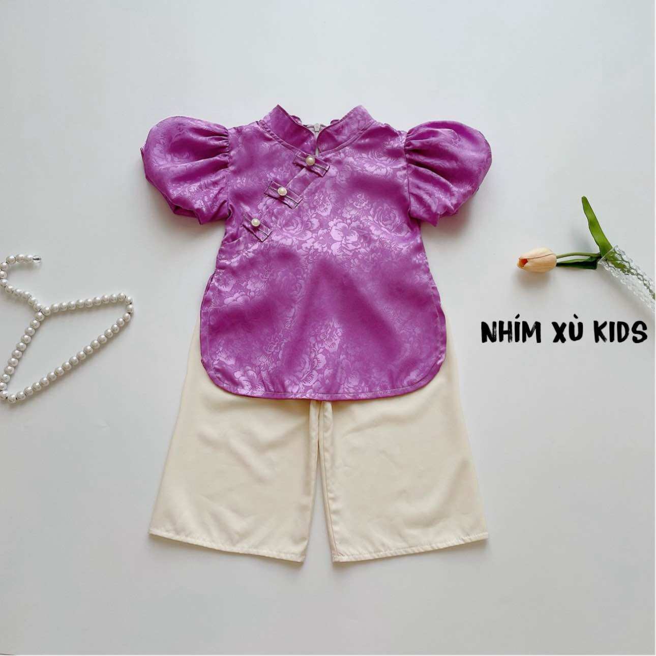 Bộ bà ba cổ tàu nhím xù kids cho bé gái chất gấm lụa s032