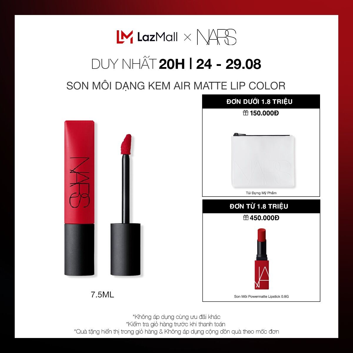 [20H  24-29.08  QUÀ TẶNG ĐẾN 450K] Son môi dạng kem NARS Air Matte Lip Color 7.5ml