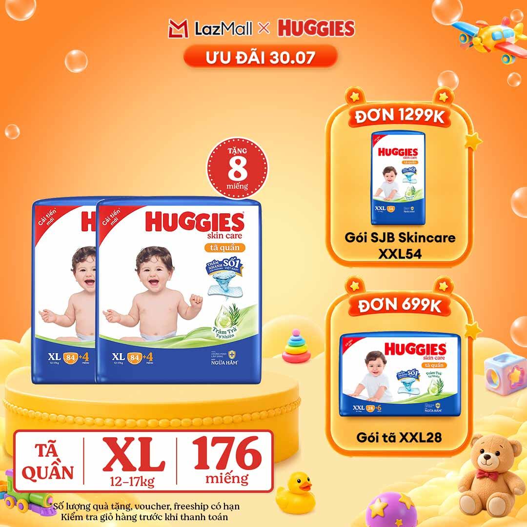 [30.7 GIẢM THÊM 90K]  Combo 2 Gói Tã/bỉm quần HUGGIES SKINCARE MEGA JUMBO size XL84+4 miếng