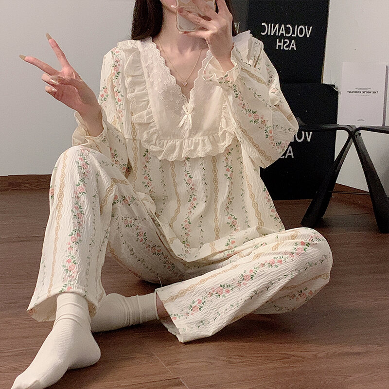 Bộ Đồ Ngủ Dài Tay Mùa Xuân Thu Cho Nữ Phong Cách Công Chúa Hoa Cotton Mềm Mại Mặc Ở Nhà Quần Áo Mặc 