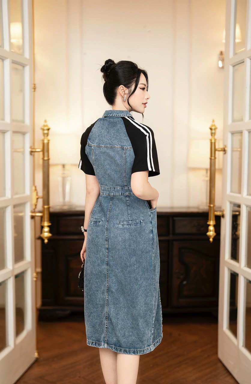 ( HÀNG QUẢNG CHÂU CAO CẤP ) VÁY ĐẦM SƠ MI JEAN - PHỐI THUN CÁCH ĐIỆU ( CC5050524)