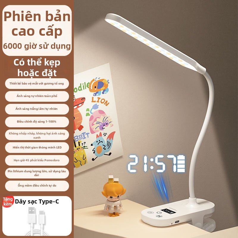 LIWAN | Đèn Học Chống Chói Có Đồng Hồ Sạc Điện Bên Cạnh Giường