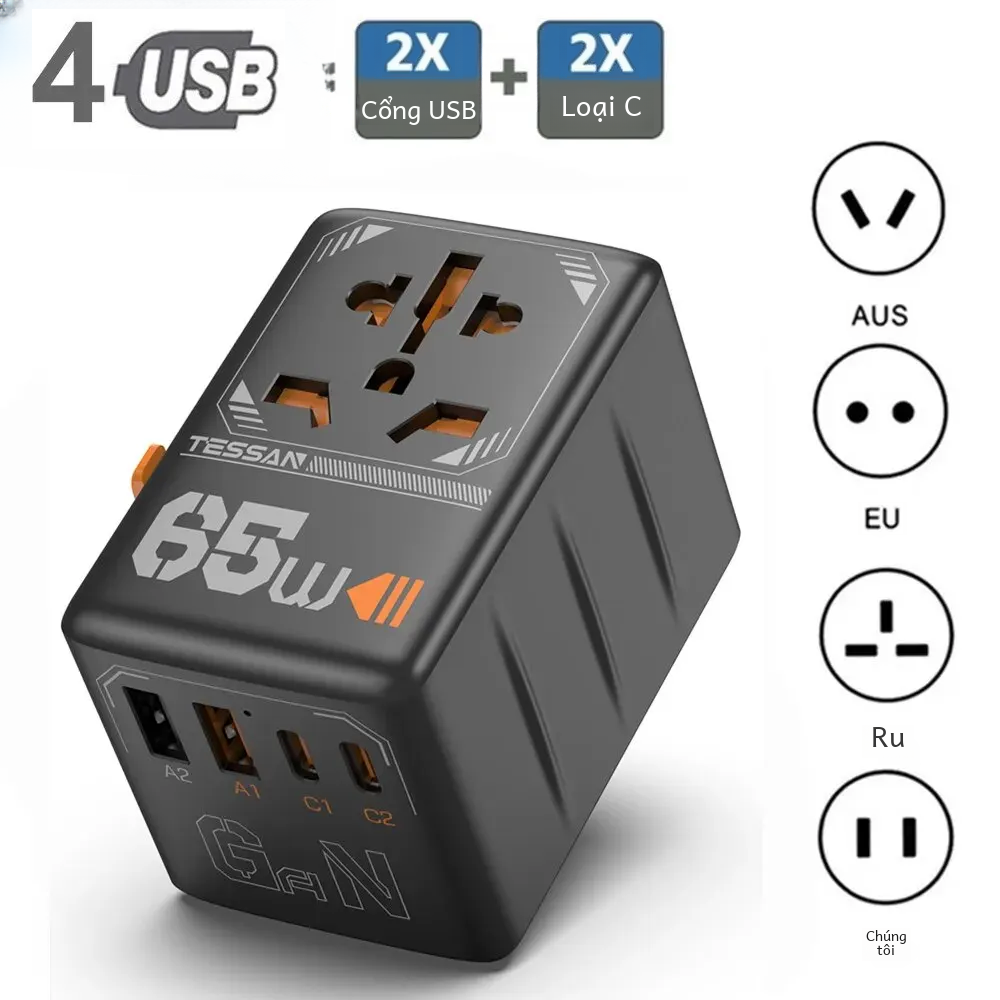 Tessan 65w gan bộ chuyển đổi du lịch đa năng với 2 cổng usb 2 loại c cắm quốc tế sạc tường cho hoa kỳ eu uk aus du lịch