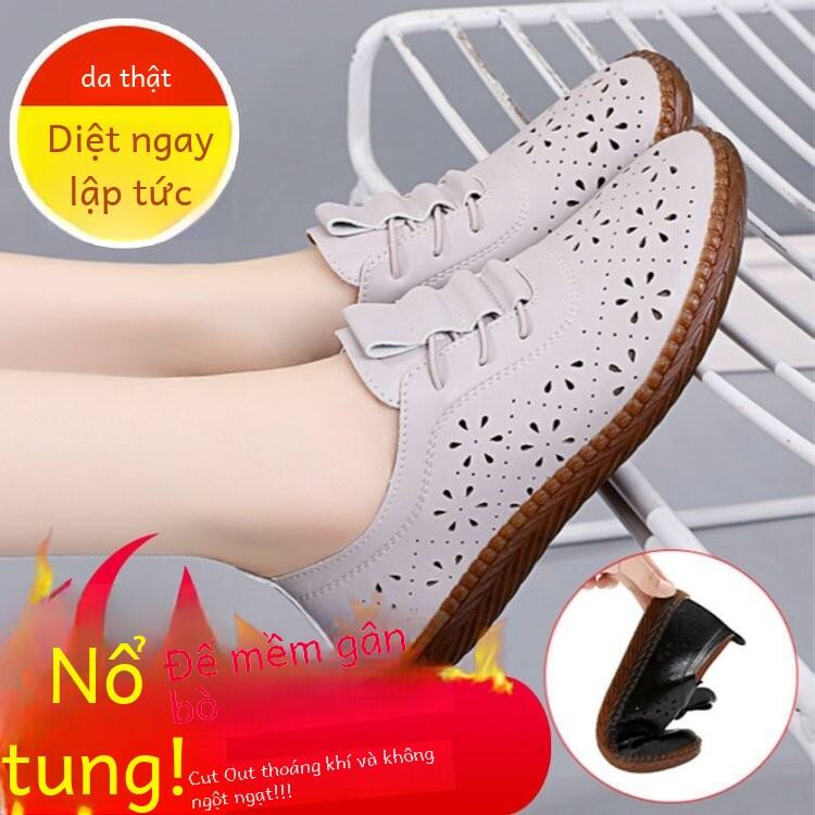 Giày Đơn Oxford Da Thật Nhẹ Mùa Hè Cho Mẹ Giày Thể Thao Đế Mềm Đế Cao Su Mũi Tròn Hở Mũi Cho Nữ