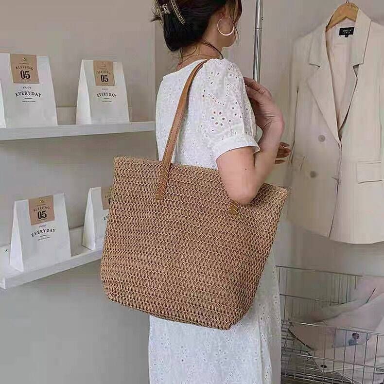 Túi cói giỏ cói quai da kiểu đan xương cá đi biển xinh xắn-Tiệm Cói Cô Lê