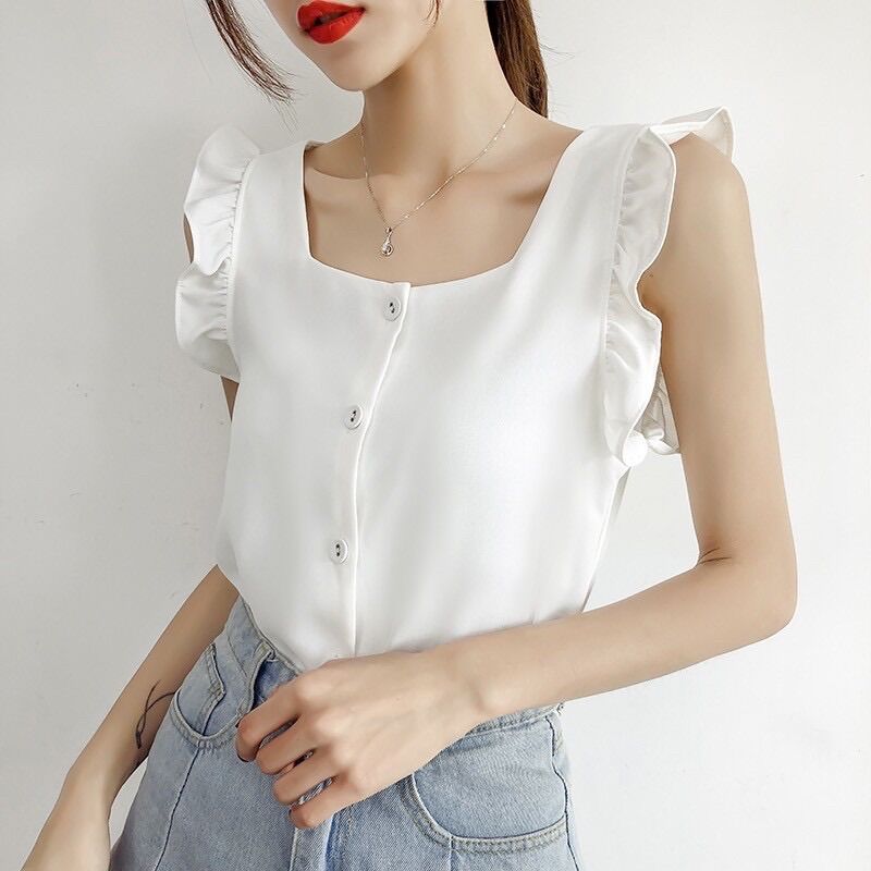 Áo 2 dây bản to viền bèo chất đũi nhật
