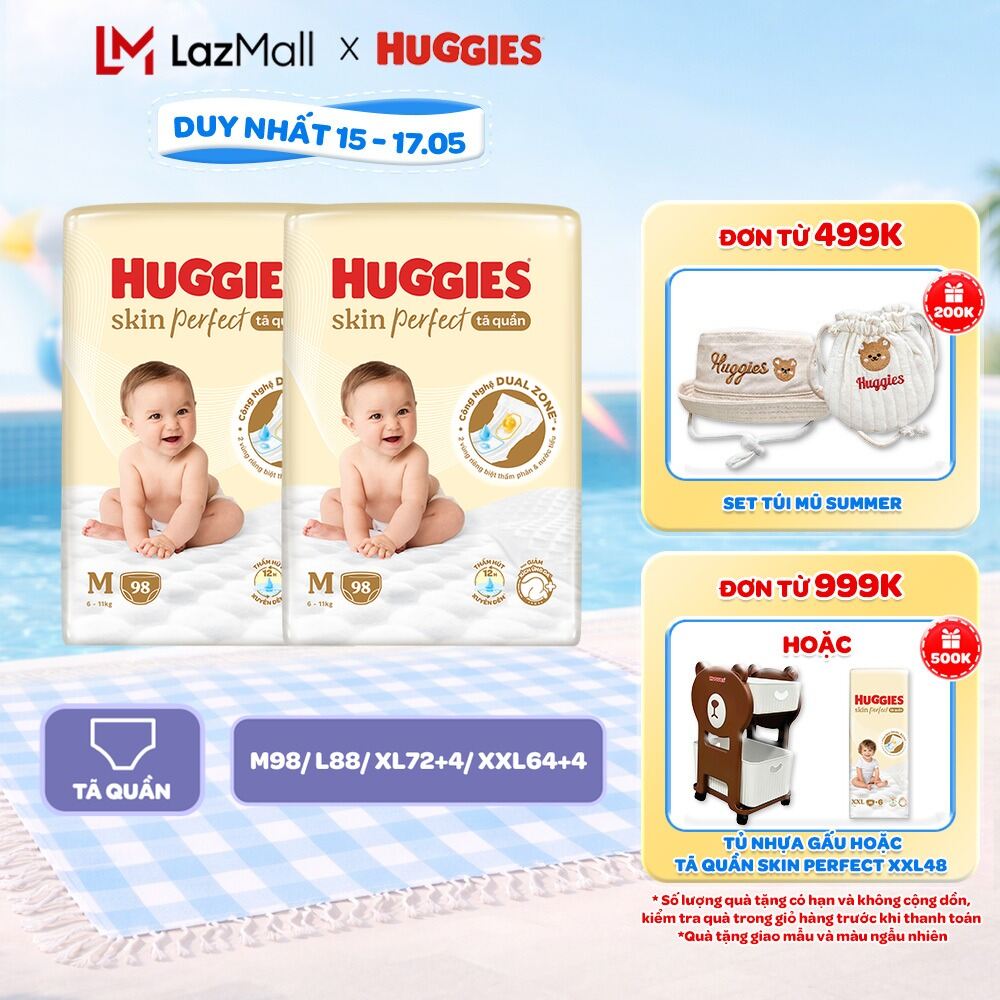 Combo 2 gói Tã quần Huggies Skin Perfect Mega Jumbo M98/L88/XL72+4/XXL64+4 miếng với 2 vùng thấm giảm kích ứng da