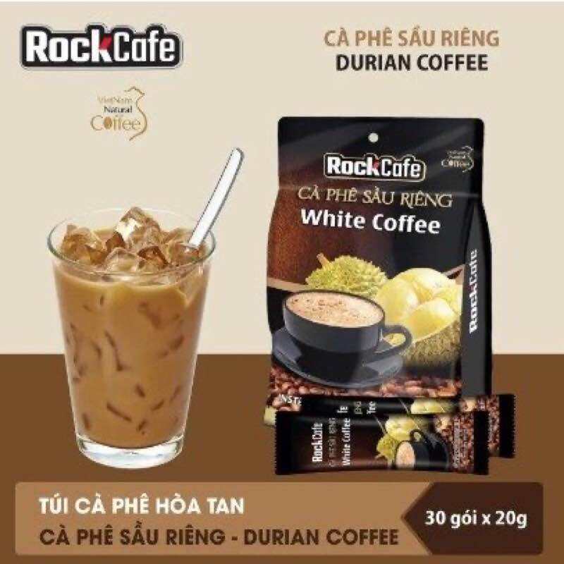 [Rock Cafe_Chính Hãng] Cà phê sầu riêng rock cafe túi 30 gói x 20g mẫu mới. Cafe sữa vị sầu riêng durian white coffee thơm ngon đậm vị. Cà phê sữa hoà tan.