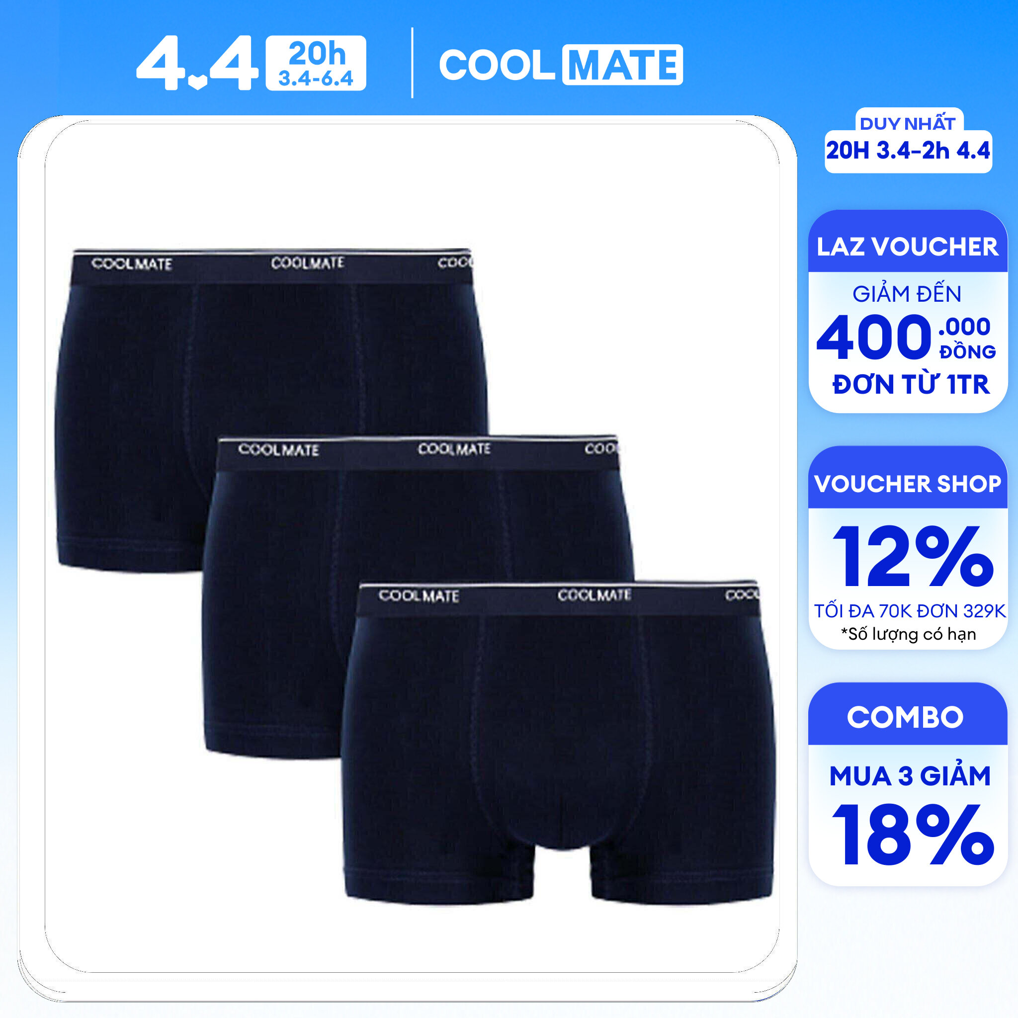 [CHỈ 20H 3.4- 2H 4.4 MUA 3 GIẢM 18%][OUTLET - Không đổi trả]COMBO 3 Quần lót nam Trunk Cotton Compact siêu mát S2 - COOLMATE