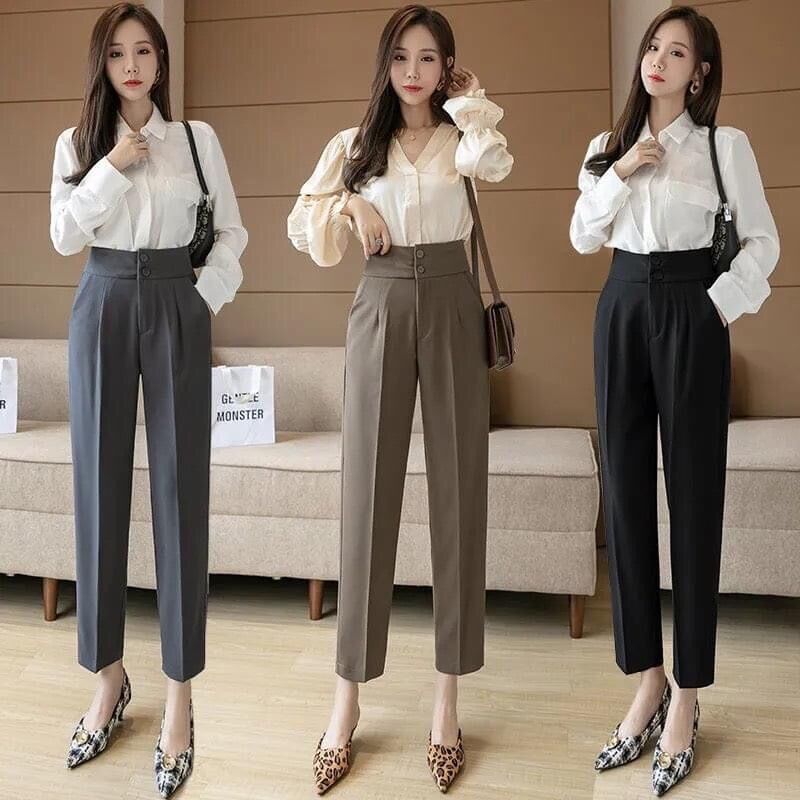 Quần cạp cao baggy 2cúc- quần công sở cạp cao 2 cúc