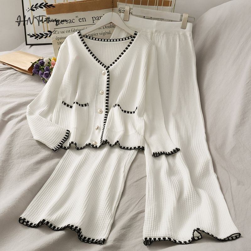 Đồ bộ Set len thu đông quần dài lửng ống rộng 2 món