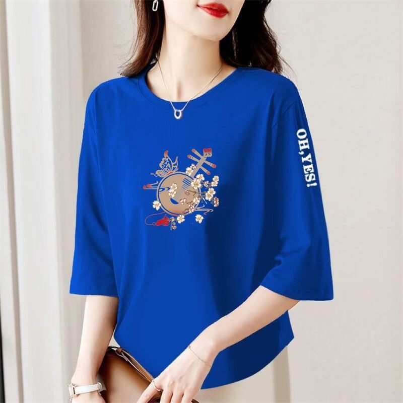 Áo Thun Tay Lửng in Họa Tiết Phong Cách Trung Hoa Rộng Rãi Cho Phụ Nữ Trung Niên Và Cao Tuổi Mùa Hè Thường Ngày