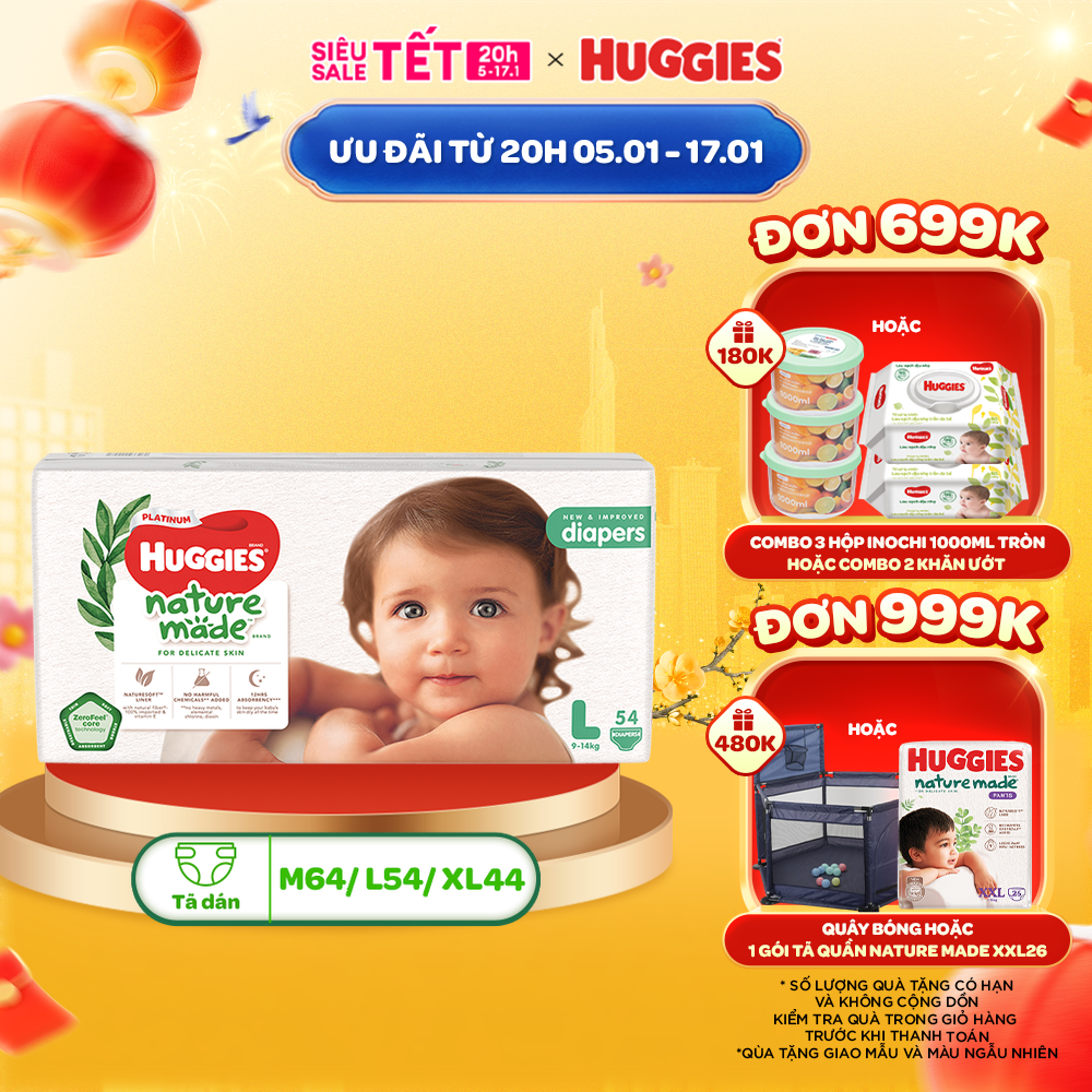 Tã/Bỉm dán Huggies Platinum NatureMade M64/L54/XL44