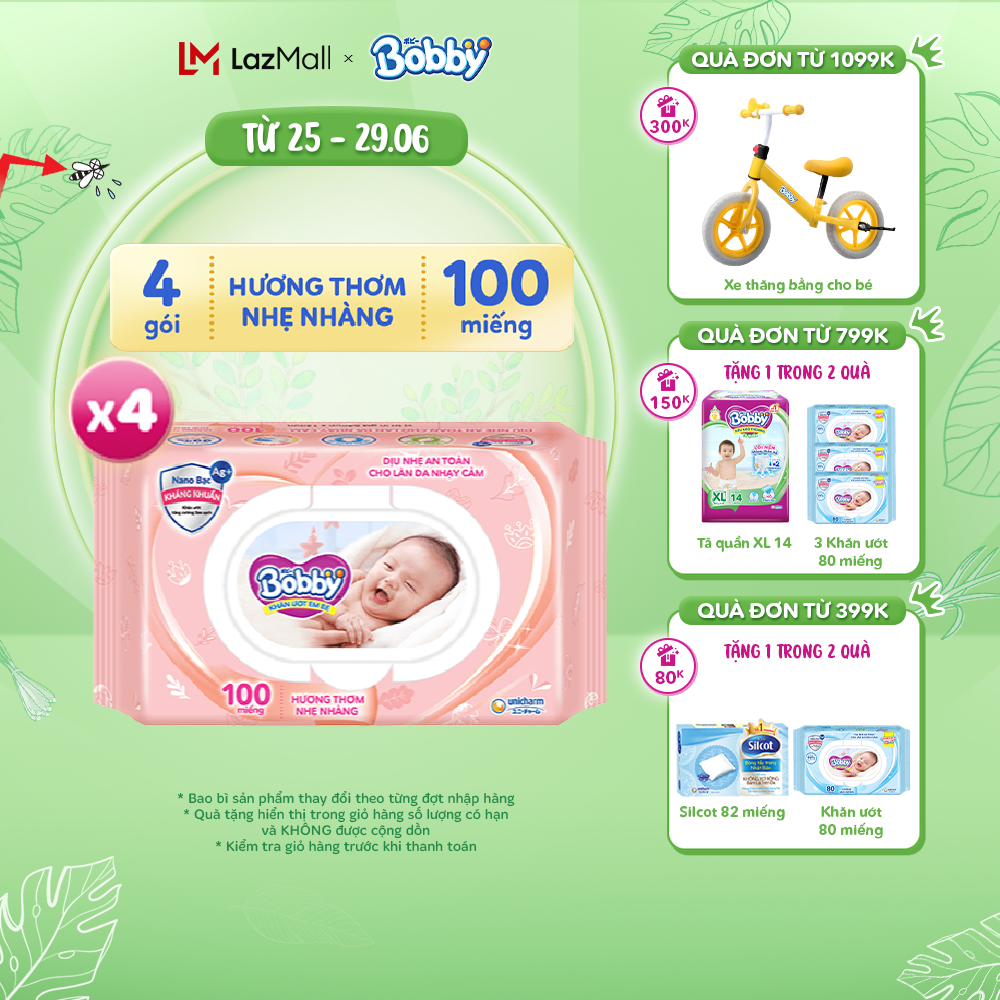 Combo 4 gói Khăn ướt trẻ em Bobby Care Hương thơm nhẹ nhàng - 100 tờ [Bao bì thay đổi theo từng đợt nhập hàng]