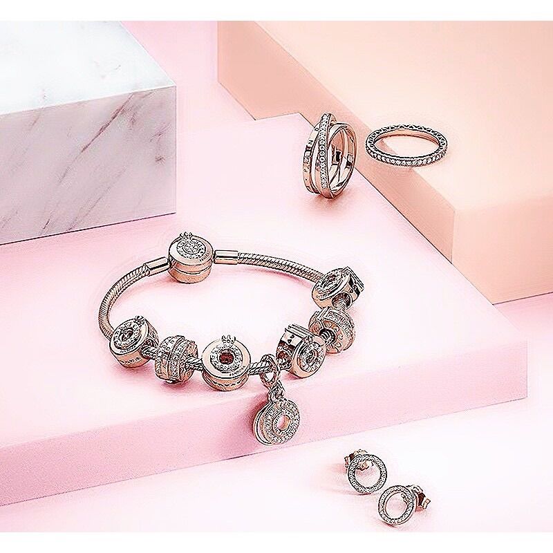 HẠT CHARM PAN ALE VÀNG HỒNG ĐÍNH ĐÁ GIỮA BẠC S925