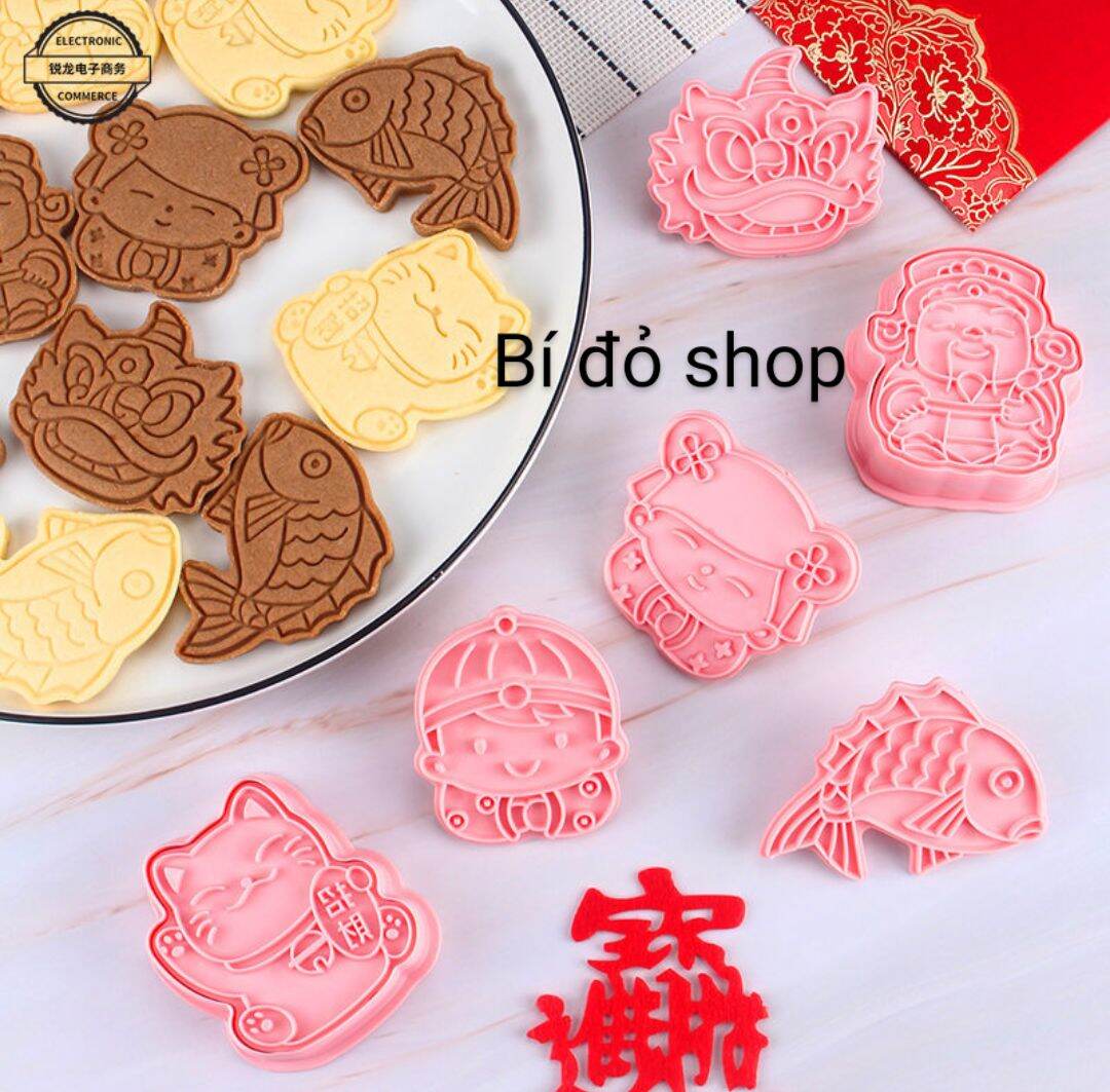 Bộ 6 khuôn làm bánh quy bánh qui cookies cookie TẾT mẫu A bằng nhựa - Bí đỏ shop nguyên liệu dụng cụ làm bánh