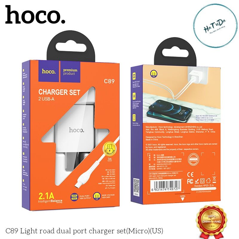 Bộ sạc hoco c89 2 cổng 5v/2.1a micro gồm cốc và cáp