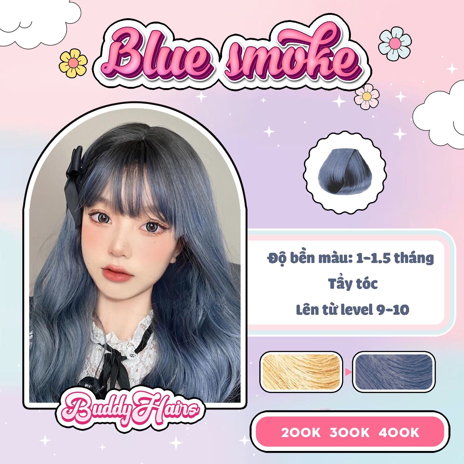 Thuốc nhuộm tóc Xanh khói / Blue smoke Buddyhairs TẶNG KÈM trợ nhuộm , găng tay , mũ trùm đầu , 1 thuốc tẩy bé 50K