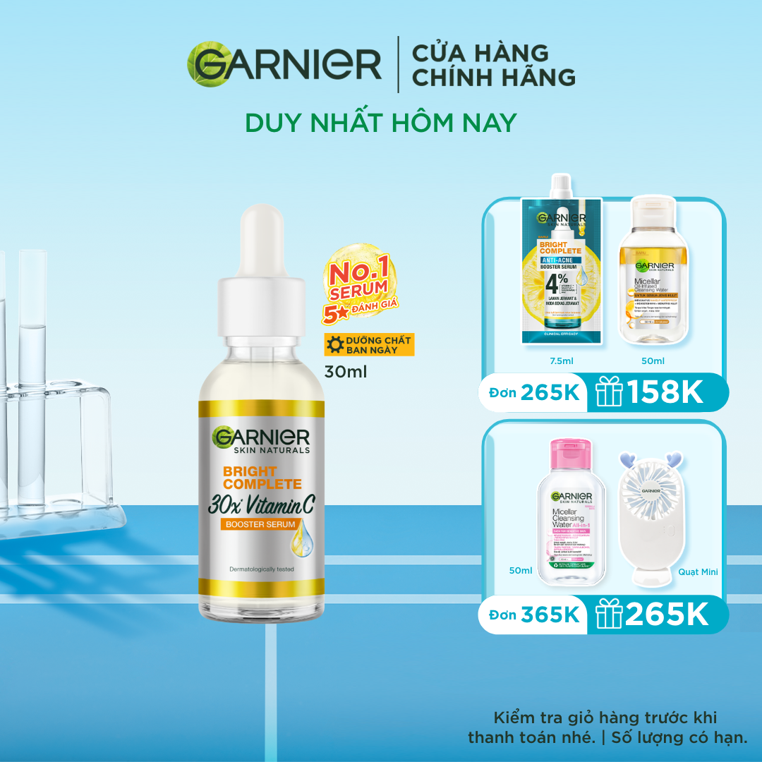 Dưỡng chất ban ngày tăng cường bảo vệ da & dưỡng sáng Garnier Vitamin C + Niacinamide - Garnier Bright Complete 30x Booster Serum 30ml