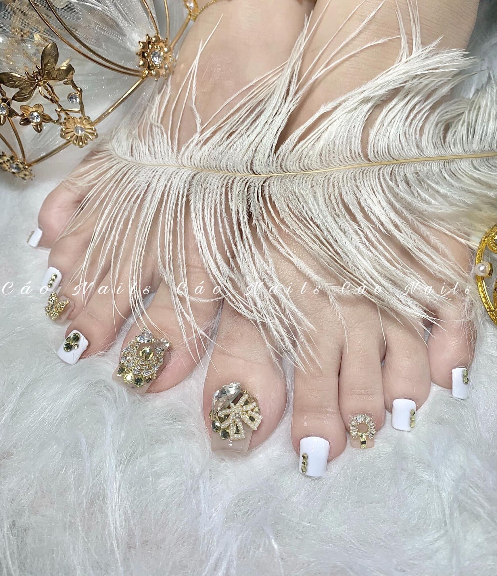 [ nails box] móng chân giả đính đá tone trắng