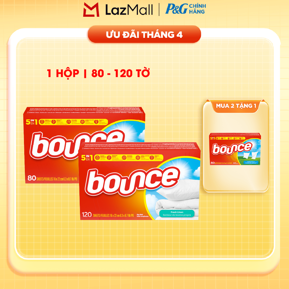 Giấy Làm Mềm Vải Thơm Quần Áo BOUNCE Nhập Khẩu Mỹ Thơm Quần Áo Hương Fresh Linen Hộp 120 Tờ/ 80 Tờ