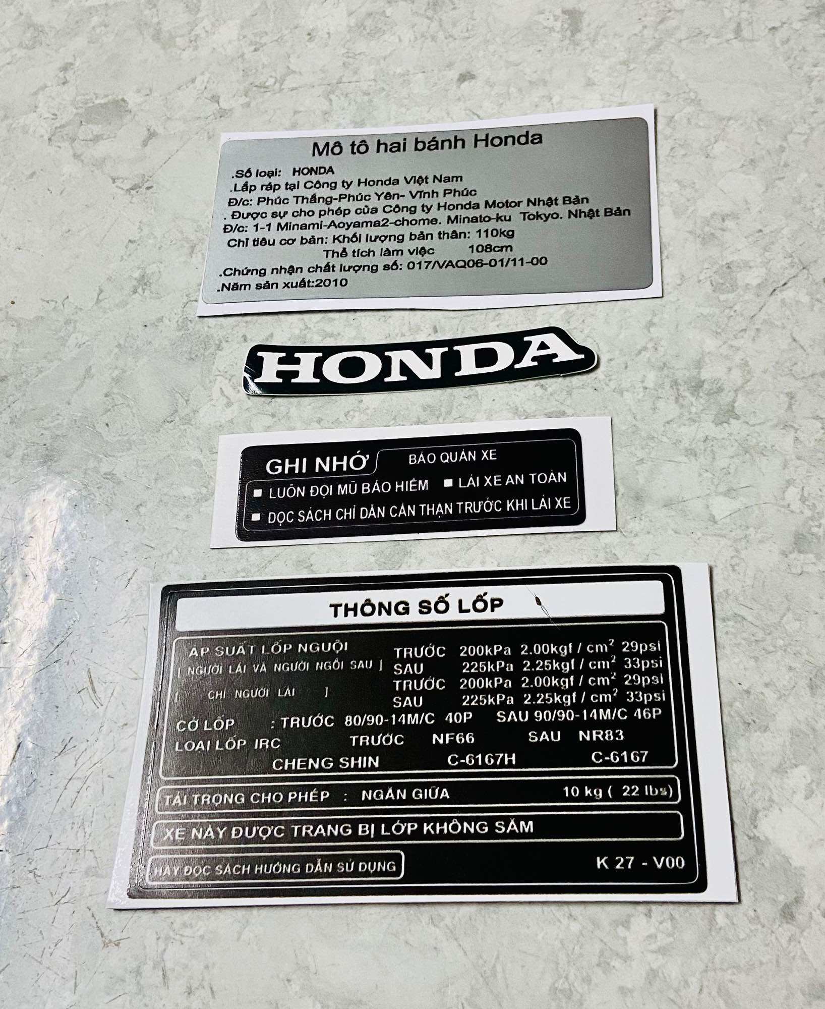 Bộ tem thông số honda ab việt nam air blade 2009- 2010 -2011 2012 - 2013 - 2014 - 2015 -2016 - 2017