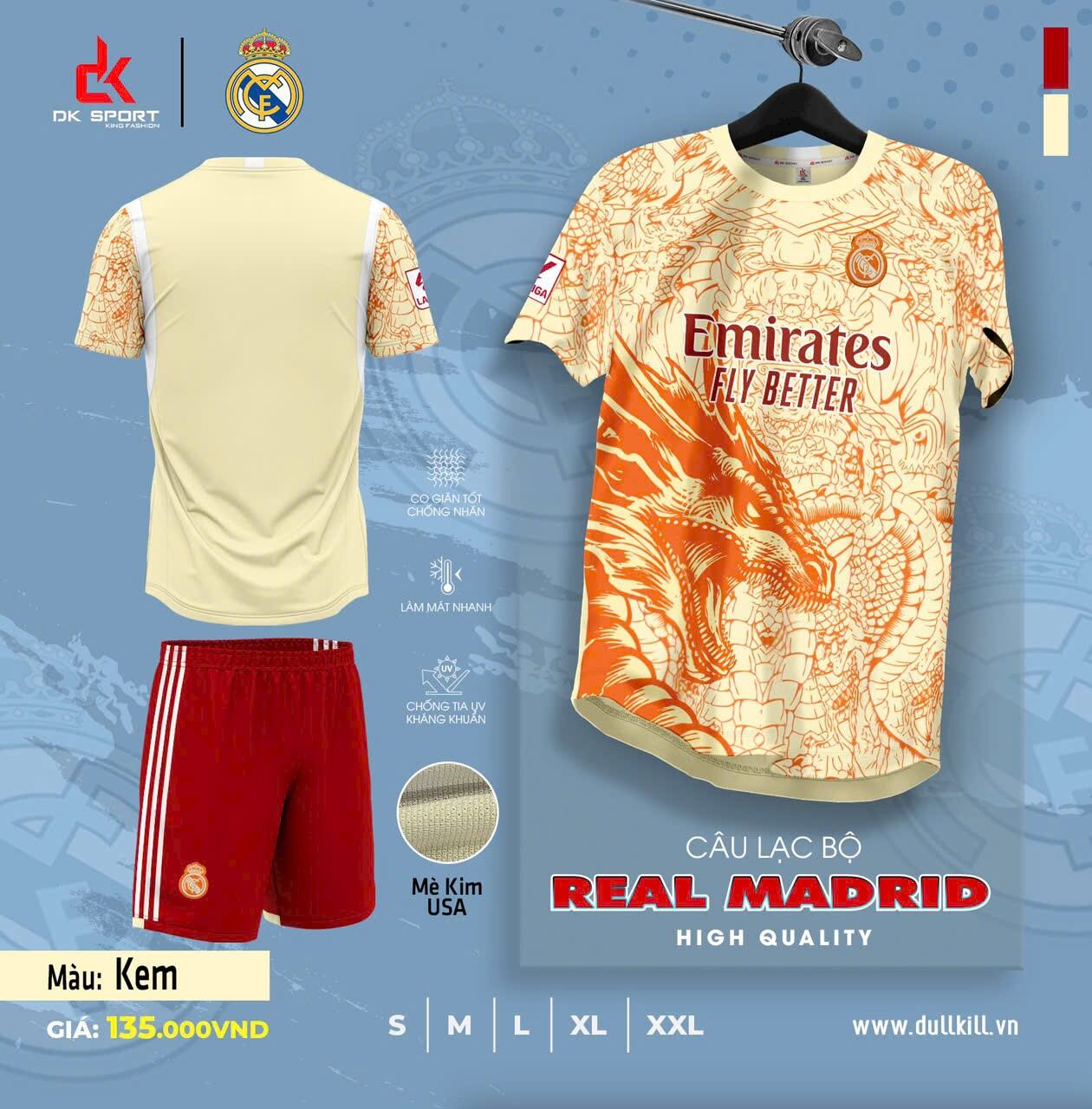 Quần áo đá banh Real Madrid Màu Kem Rồng Vải Mè Cao cấp 24/25 - Có in tên số theo yêu cầu