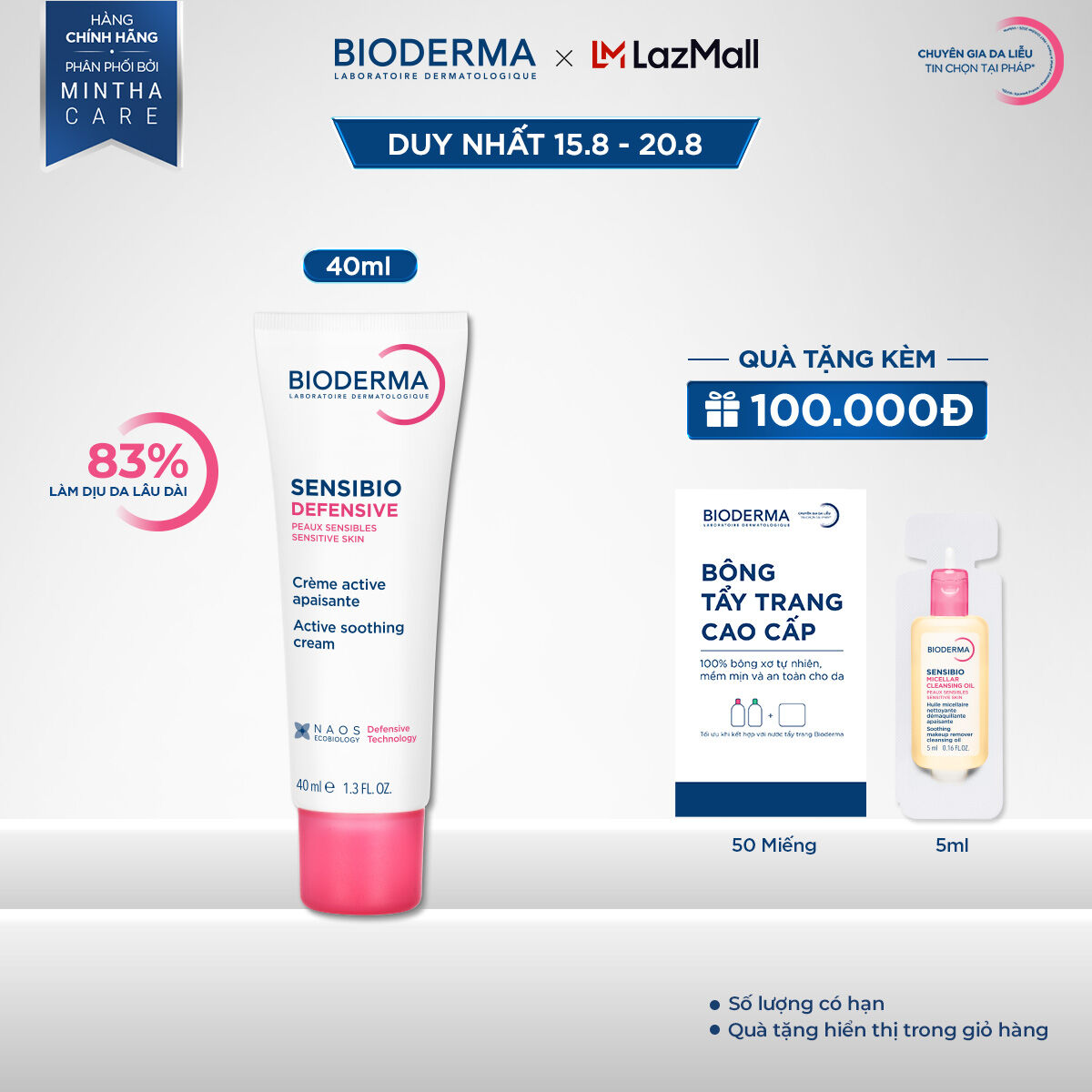 Kem dưỡng ẩm và làm dịu da, dành cho da nhạy cảm Bioderma Sensibio Defensive 40ml