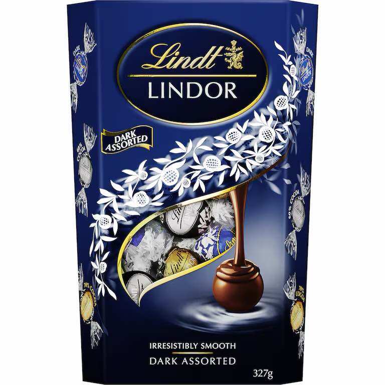 Lindt Lindor Dark Assorted 327g - Hộp sô cô la đen đa dạng với thiết kế sang trọng và dòng chảy sô cô la mượt mà.