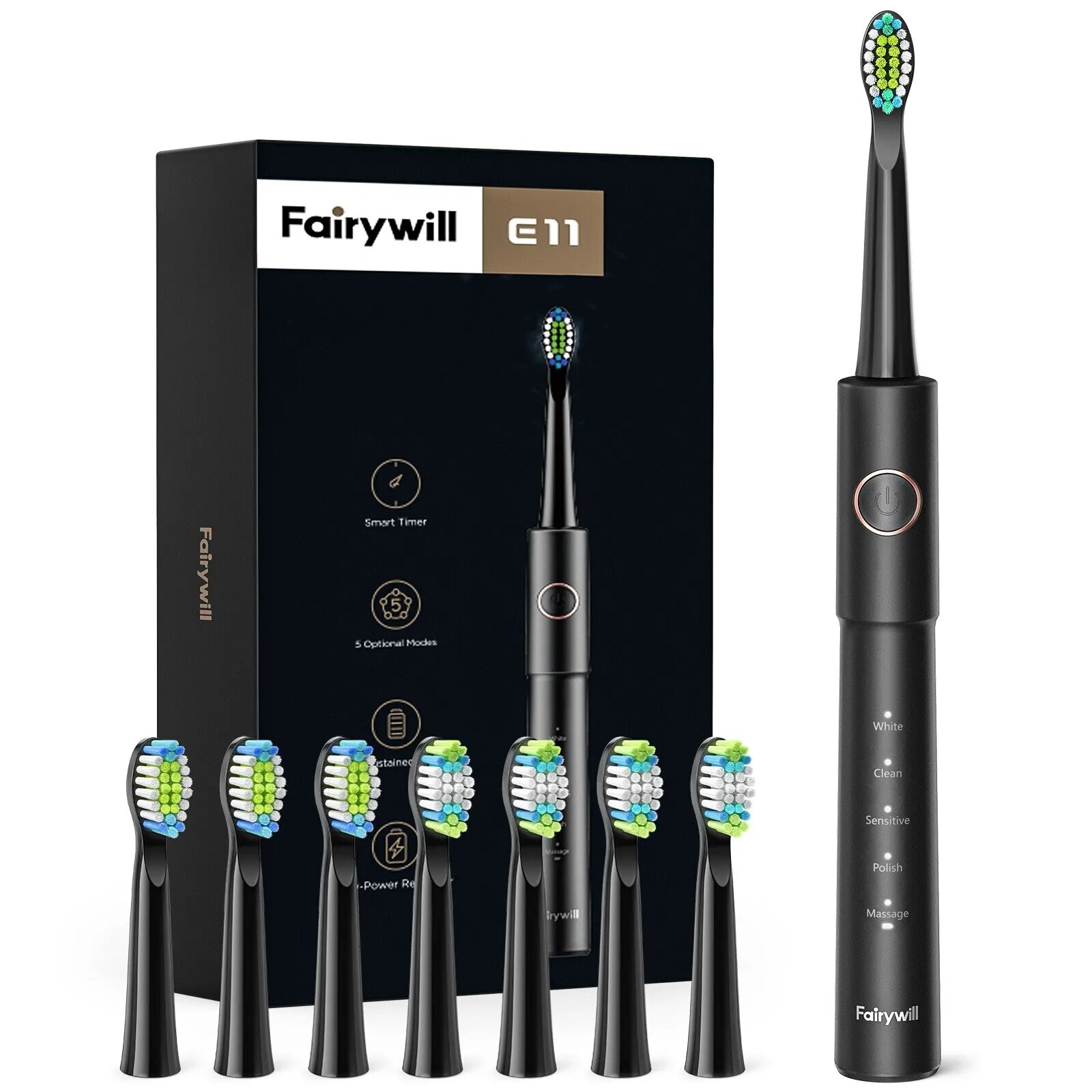 Fairywill âm bàn chải đánh răng điện e11 usb chống nước tặng cục sạc bàn chải đánh răng điện 8 bàn chải đầu thay thế người lớn