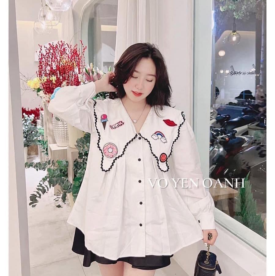 Áo sơ mi kiểu cổ chữ V dáng Babydoll thụng rộng, hoạ tiết thêu dễ thương.Áo sơ mi trắng đẹp giá rẻ