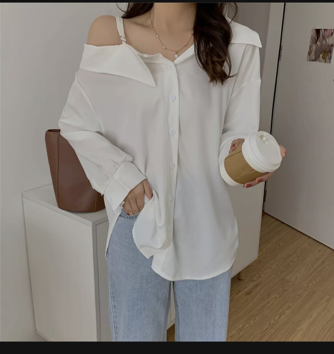 áo sơ mi lụa  nữ lệch vai fom thụng, áo sơ mi lụa