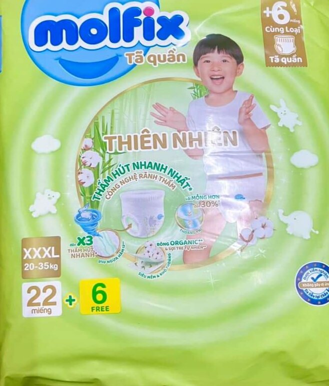 Bỉm tã quần Molfix size XXXL 28 miếng (22+6 miếng, 20-35 Kg)