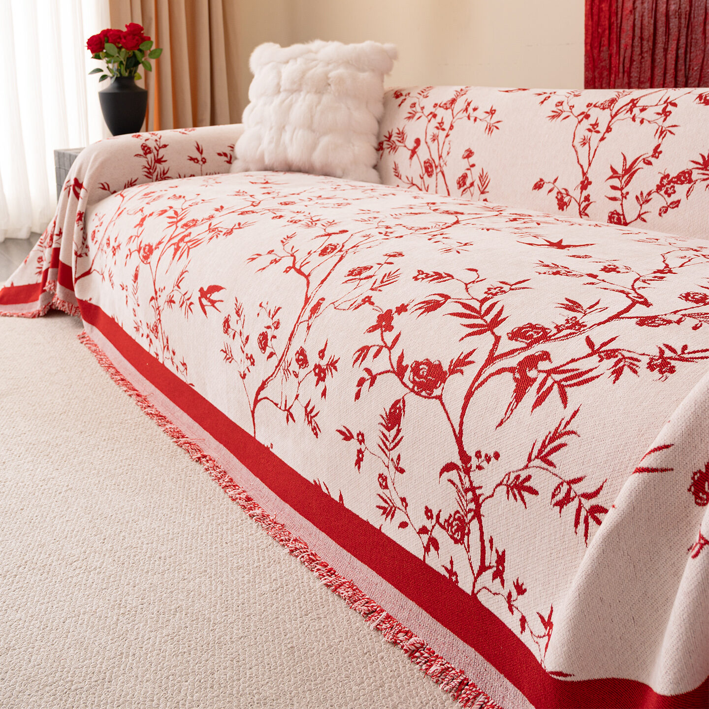 HOUGOUXIANG | Bọc Ghế Sofa Chống Cào Màu Đỏ Lễ Hội