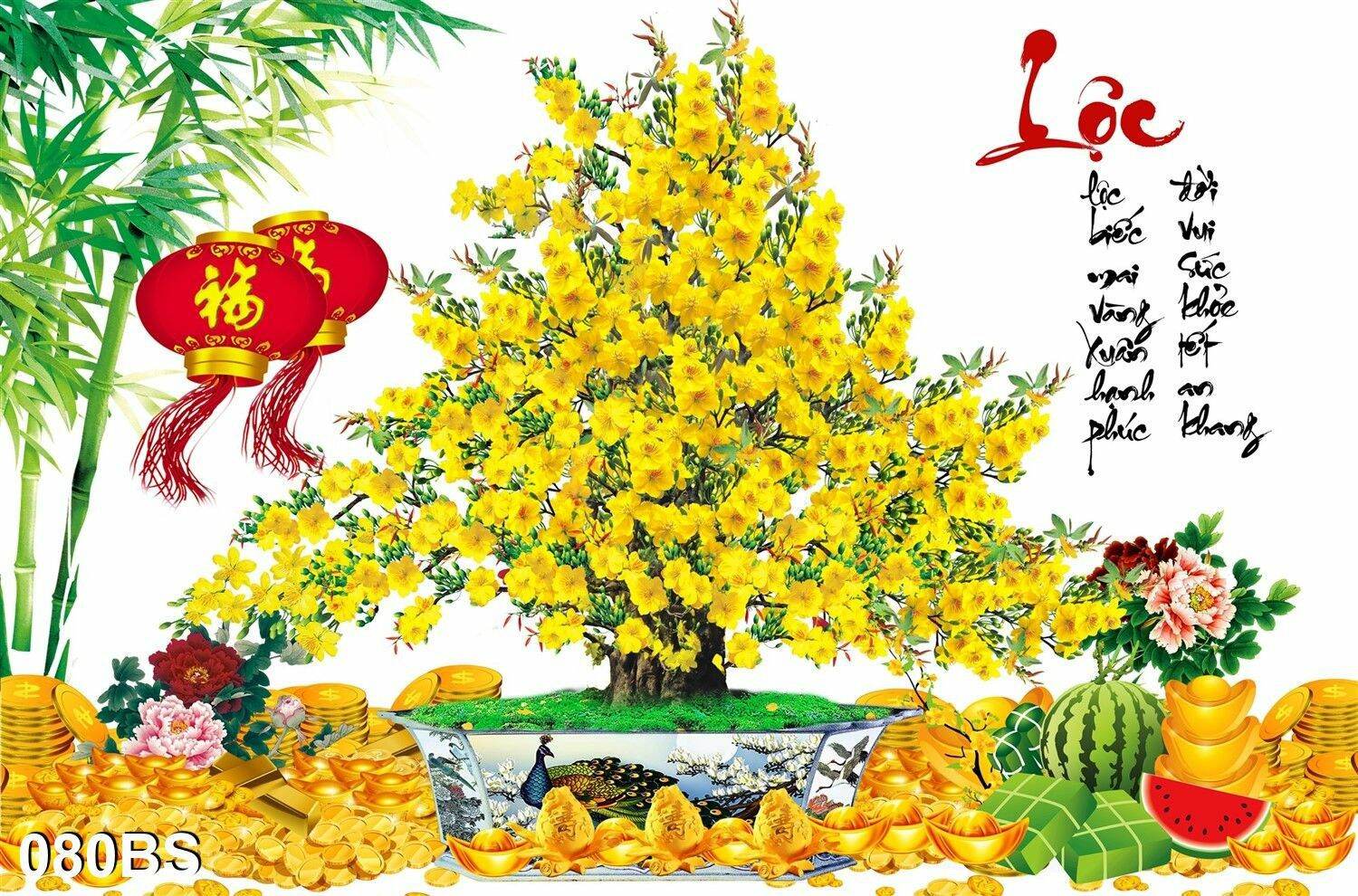 TRANH DÁN TƯỜNG 3D CHẬU BONSAI CÂY MAI CHỮ LỘC 80BS - TRANH CHẬU HOA CHƯNG TẾT