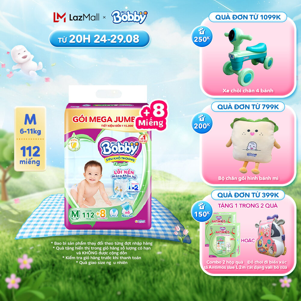 [Tặng thêm 8 miếng] Tã/bỉm quần Bobby Mega Jumbo 3mm Gạo non M112/L96/XL84/XXL76