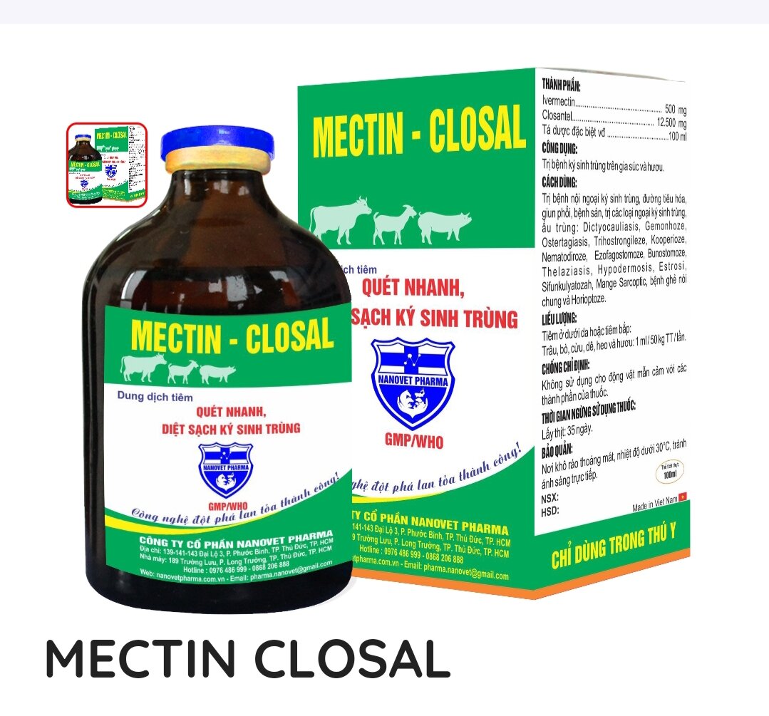 MECTIN CLOSAL- 20ml . DIỆT KÍ SINH TRÙNG ĐƯỜNG TIÊU HÓA, DIỆT GIUN SÁN TRÊN GIA SÚC GIA CẦM