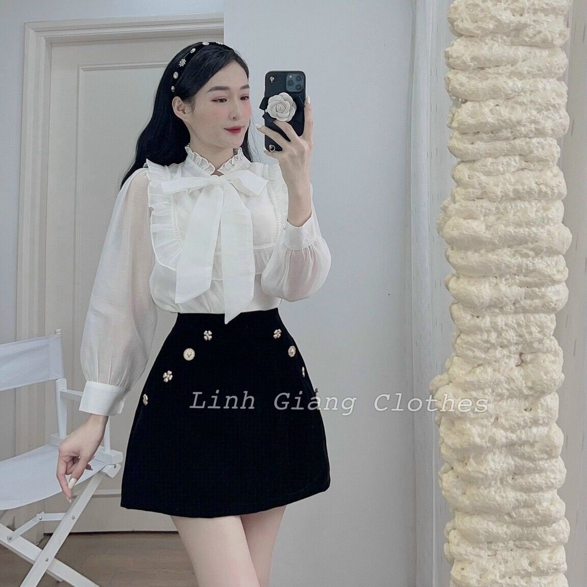 Áo sơ mi nữ cổ bèo cột nơ