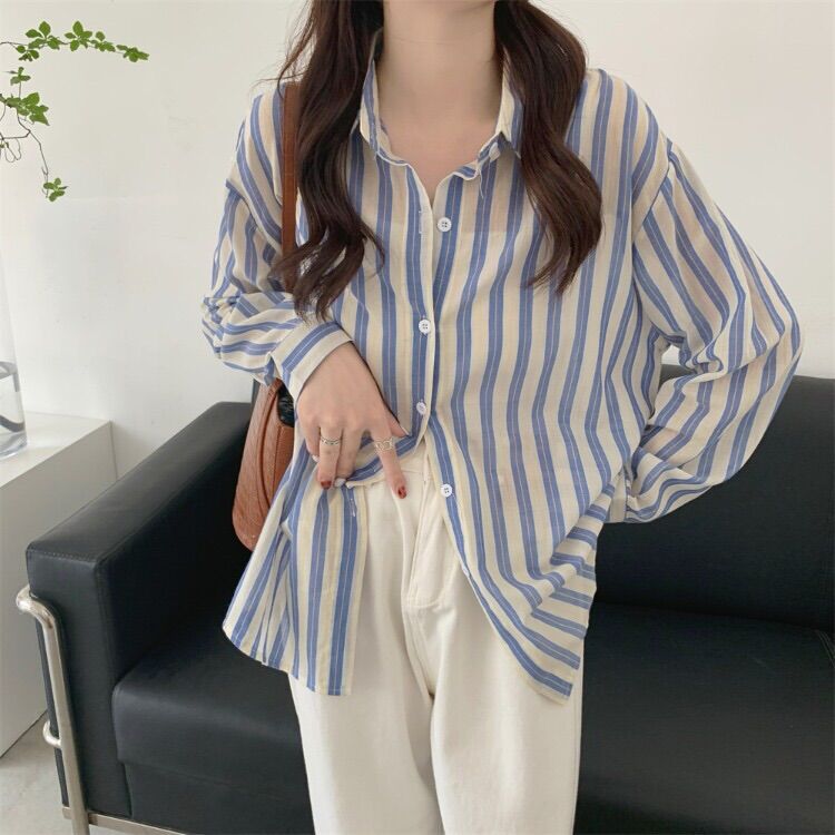 Áo sơ mi đũi kẻ sọc basic dáng rộng - Lumii