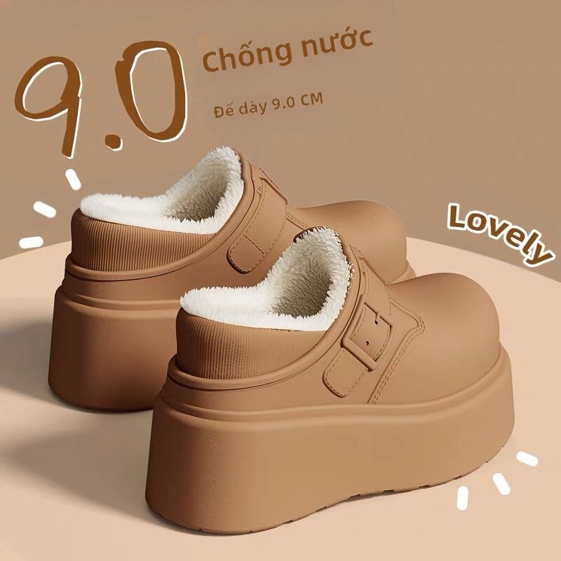 QIAOHUI | Dép Nữ Mùa Đông Chống Trượt, Chống Thấm, Ấm Áp Bằng Len Cừu Nâng Đỡ