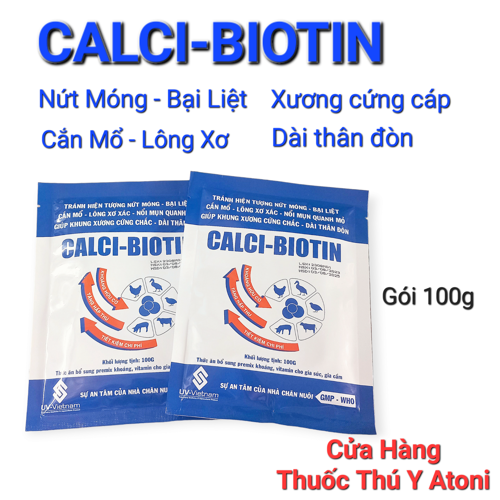 Calci-biotin gói 100g bổ sung canxi chống cắn mổ, bại liệt ở gia cầm, gà chọi